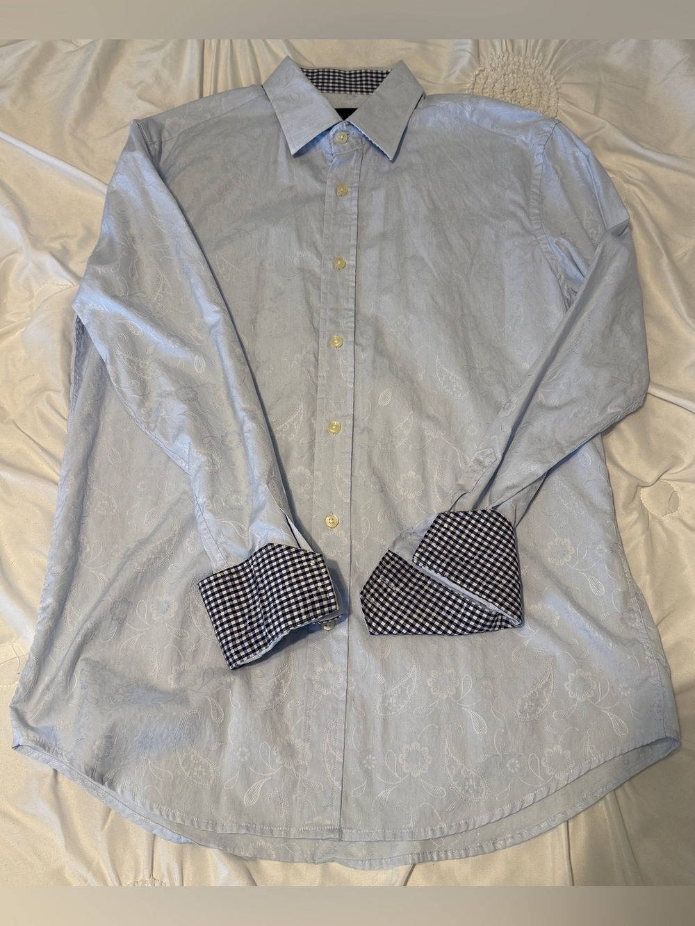 Men's Light Blue Floral Dress Shirt with Checked Cuff Detail Quieti Brand